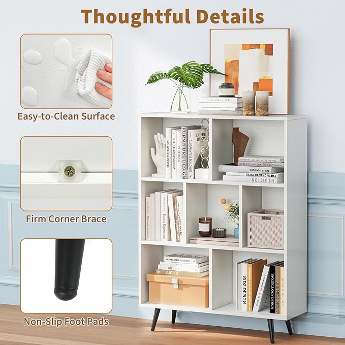 Tangkula 7-Cube Bookcase, Modern Storage Bookshelf with 4 Tapered Metal Legs & 2 Anti-Tip Kit, Freestanding Display Rack for Living Room, Study Room (White, 7-Cube)