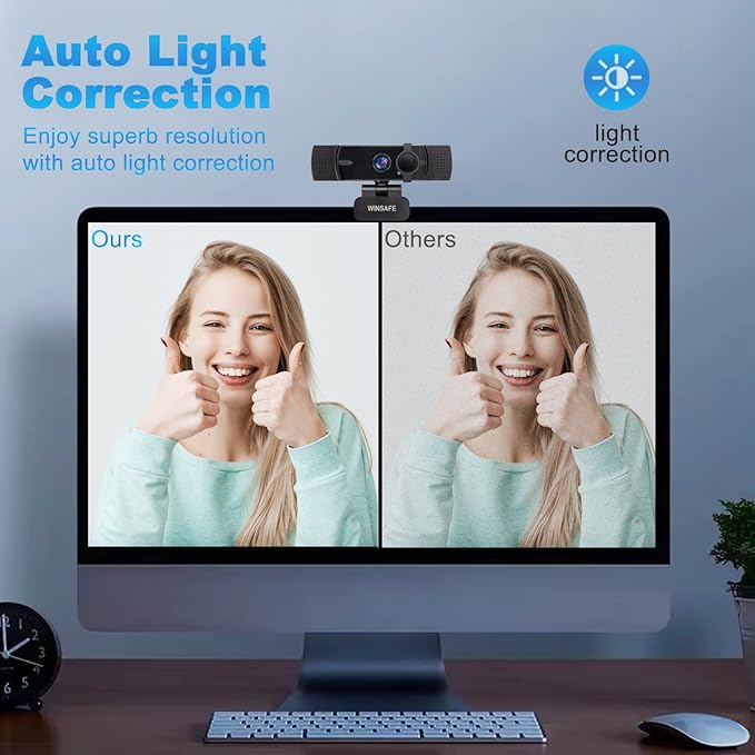 WINSAFE 4K Webcam for PC, UHD Video Calling, PDAF AutoFocus, Dual Noise-Canceling Microphones, 70° FOV, 1080P@60FPS, Privacy Cover, USB Plug&Play, Works with Teams, Zoom, OBS, Skype