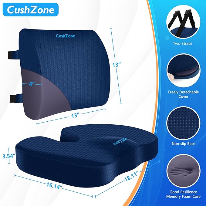 Seat Cushion, Lumbar Support Pillow with Adjustable Strap-Chair Cushions for Sciatica Pain Relief-with Washable Cover Memory Foam for Car, Travel and Wheelchair-Blue X-Large