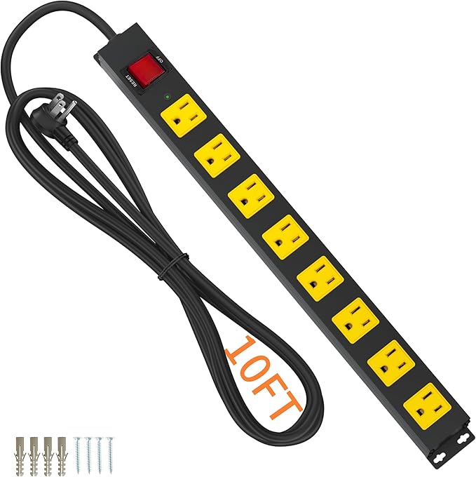 8 Outlet Metal Heavy Duty Long Power Strip, 2100J Surge Protector with 10 FT Extension Cord, Wide Spaced and Wall Mount Powerstrip for Home, Industrial, Workshop & Garage (10FT)