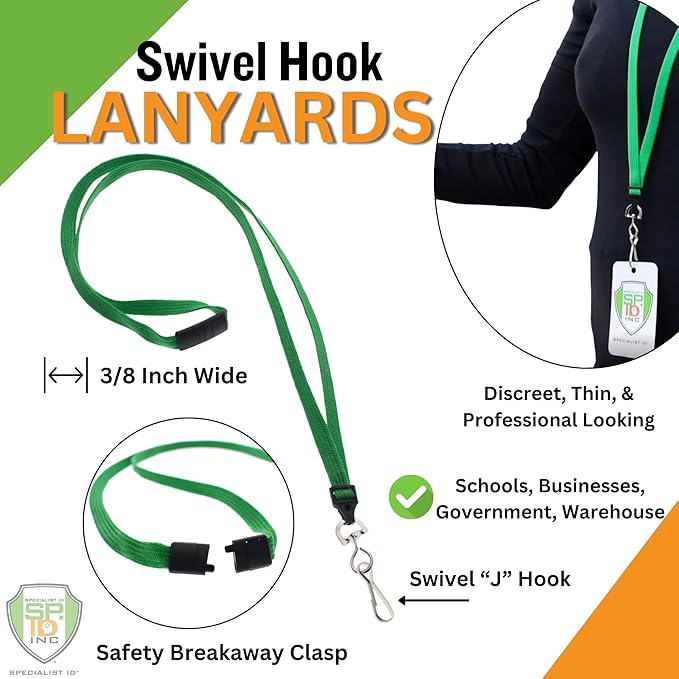 Specialist ID Bulk 100 Pack - Premium Breakaway Lanyards for ID Badges - Metal Swivel J Hook - 3/8” Wide - 36 Inch Length - Flat Woven (Green)