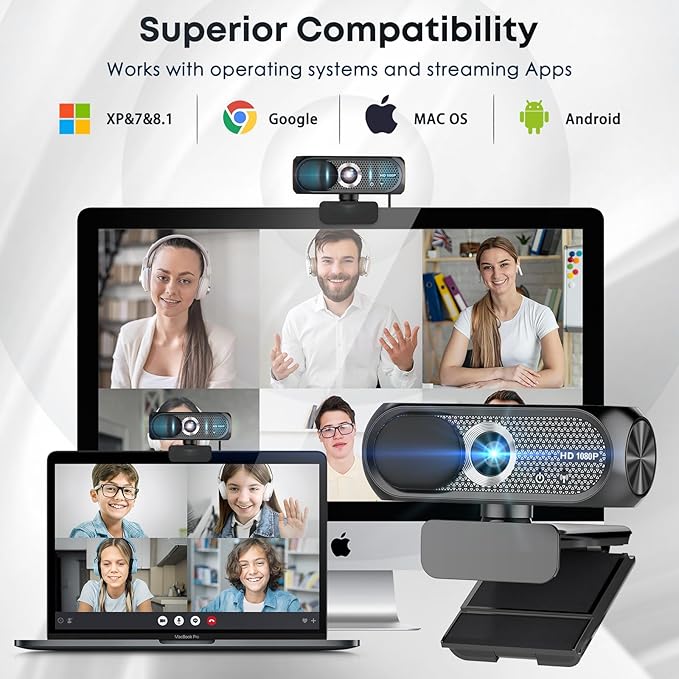 Shcngqio 1080P Webcam with Microphone, Noise Cancellation, Privacy Cover, Wide-Angle Lens, Auto Light Correction, Plug & Play USB Webcam for Laptop, Desktop, PC, Mac, Zoom, Skype, Streaming