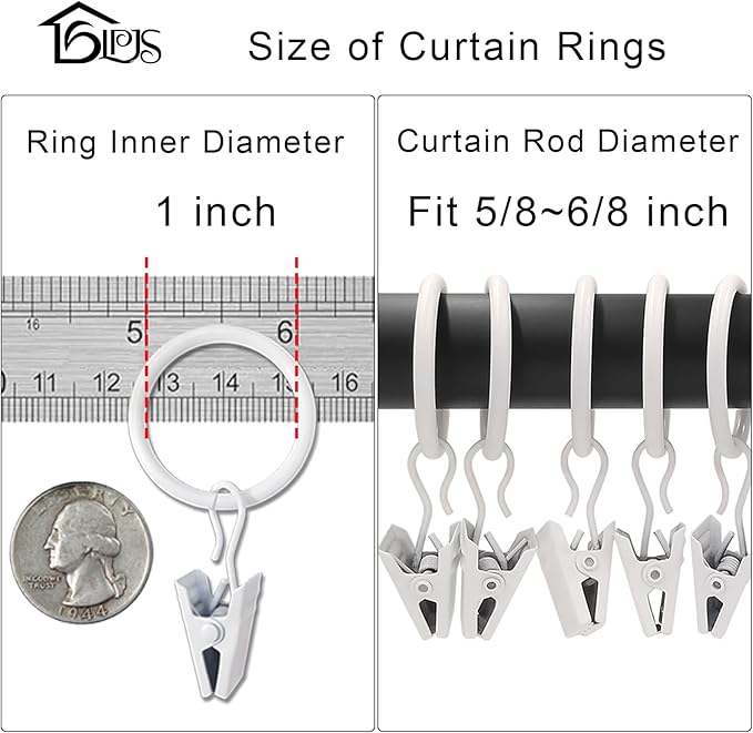 LLPJS 44 Pack Curtain Rings with Clips, Curtain Clip Rings Hooks, Bow Hanger Clips for Hanging Drapery Drapes Bows, Ring 1 inch Interior Diameter, Fits up to 5/8" Rod, White