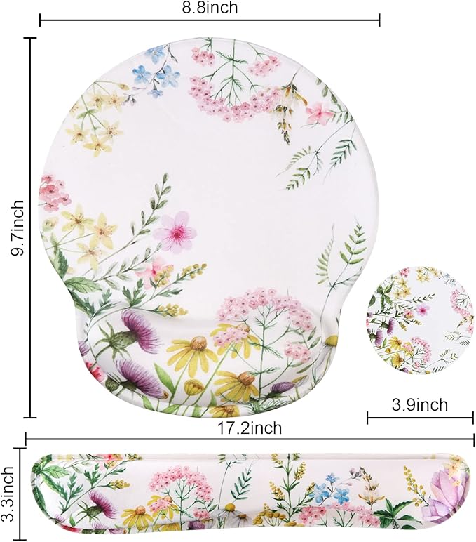 iLeadon Mouse Pad with Wrist Support Keyboard Wrist Rest Set, Ergonomic Mouse Pad with Non-Slip Base for Computer Laptop Home Office + Coasters, Easy Typing & Pain Relief Mouse Mat, Wild Flowers