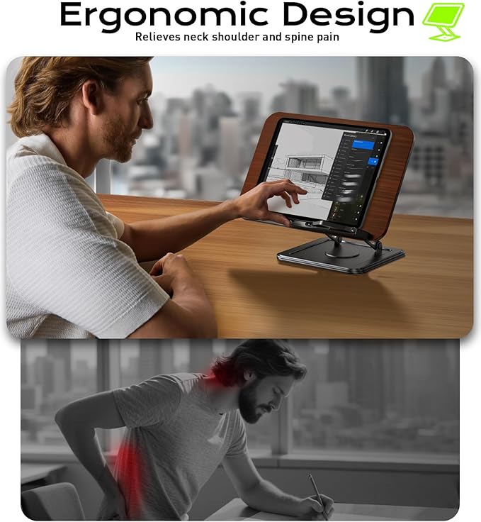 Book Stand for Reading, Adjustable Book Holder with 360°Rotating Bases, Ergonomic Cookbook Stand Recipe Book Holder with Elastic Page Clips for Magazines, Tablets, Laptops