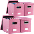 PRANDOM File Organizer Box - Set of 4 Collapsible Decorative Linen Filing Storage Hanging File Folders with Lids Office Cabinet Letter Size Pink (14x9.3x10.8 inch)