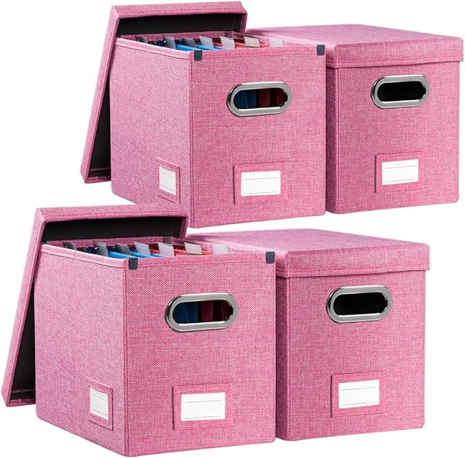PRANDOM File Organizer Box - Set of 4 Collapsible Decorative Linen Filing Storage Hanging File Folders with Lids Office Cabinet Letter Size Pink (14x9.3x10.8 inch)