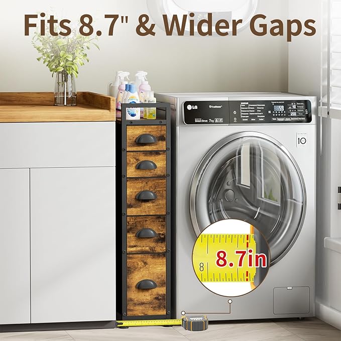 LASZOLA 5 Drawer Narrow Dresser Slim Cabinet Skinny Storage Tower Chest, Ideal for Small Spaces Bathroom Bedroom, Between Washer and Dryer, Lightweight Mobile on Wheels, Sturdy Fabric Drawers, Brown