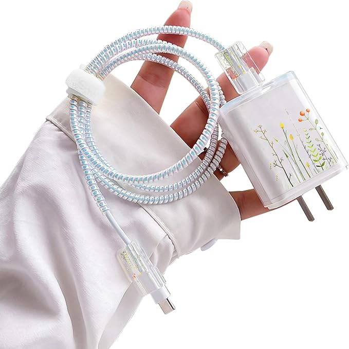 CameCosy Cute Cable Protector for iPhone Charger Clear with Weed Grass Flowers Pattern,Unique Design Data Cable Phone Charger Data Line Earphone Wire Saver for iPhone X 13 12 14 Pro Max for iPad