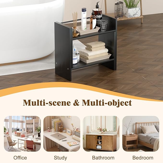 Desktop Organizer Shelf, Adjustable Wooden Double-Tier H-Shape Mini Bookcase, Multi-Use Office Storage Rack for Desk Top/Corner, Table Top Shelving & Office Organization Accessories (Black)