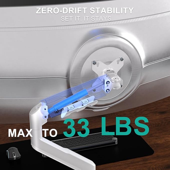 WALI Heavy Duty Single Monitor Arm for 17-49 Inch Flat Curved Ultrawide Screens, up to 33 Lbs, Adjustable Gas Spring Single Monitor Desk Mount for Home Office Gaming, VESA 75/100mm (GSM001XLNW), White