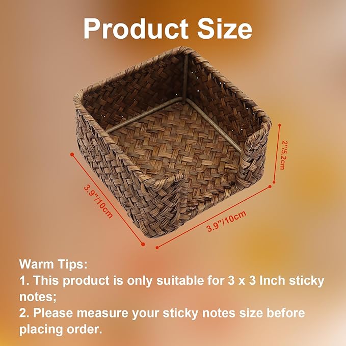 Sticky Note Holder Seagrass Post It Note Dispenser, 3 x 3 Inch Woven Sticky Note Dispenser, Farmhouse Post It Holder for Desk Home Office Decor, Coffee