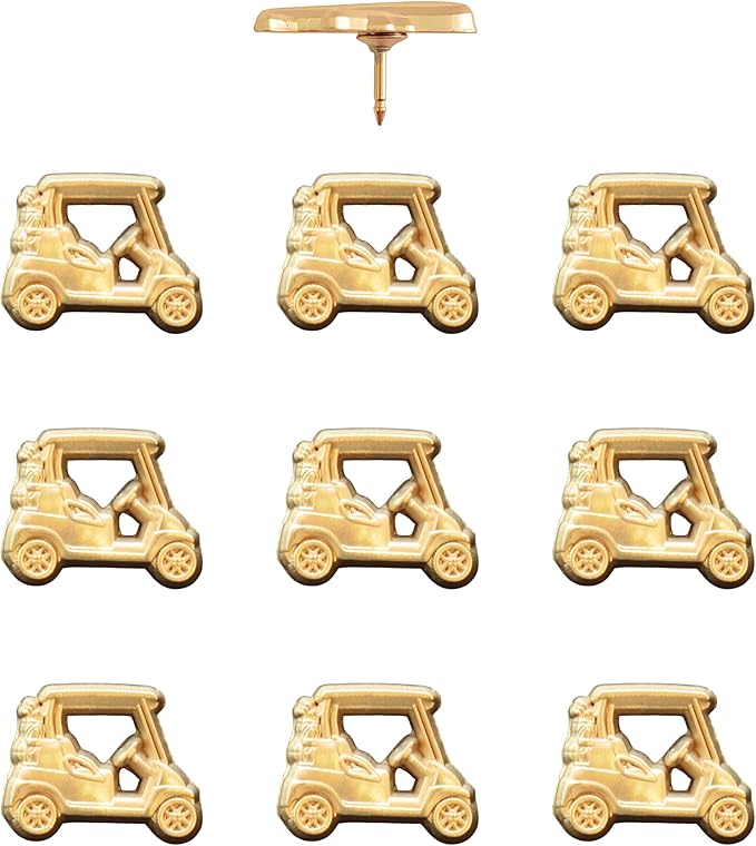 Golf Cart Push Pins - Gold Golf Cart Map Pins for Cork Boards, Maps, or Lapel Use - Designed in USA - Set of 10