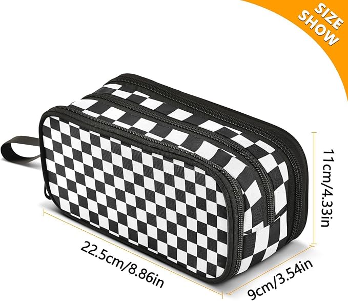 Black White Checkered Pencil Case Box Boys Girls Large Pencil Pouch Zipper Compartments Big Capacity Stationery Pen Bag Organizer for Kids Teens Adults School