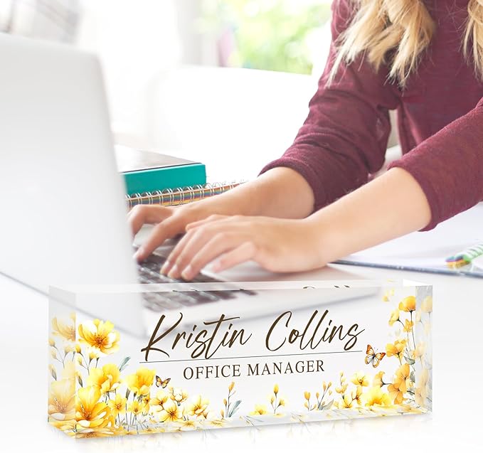 Custom Name Plate for Desk, Personalized Desk Name Plate on Clear Acrylic Glass, Appreciation Gifts for Teacher Employee Boss Coworkers Nurse, Office Desk Accessories for Women Men (Daffodil)
