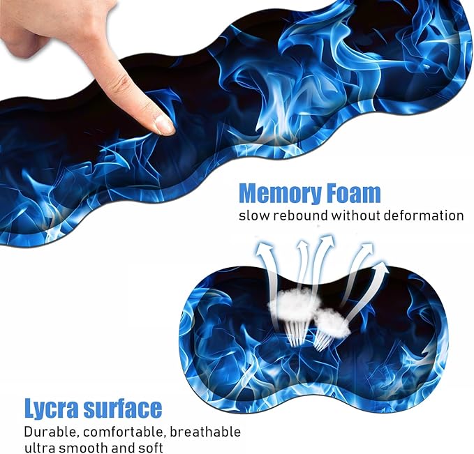 Ergonomic Keyboard Wrist Rest and Mouse Pad Wrist Rest Set, Large XXL Gaming Mousepad 31.5"x 11.8", Memory Foam, Easy Typing Pain Relief, Multifunctional Desk Mat for Office & Home, Blue Flame