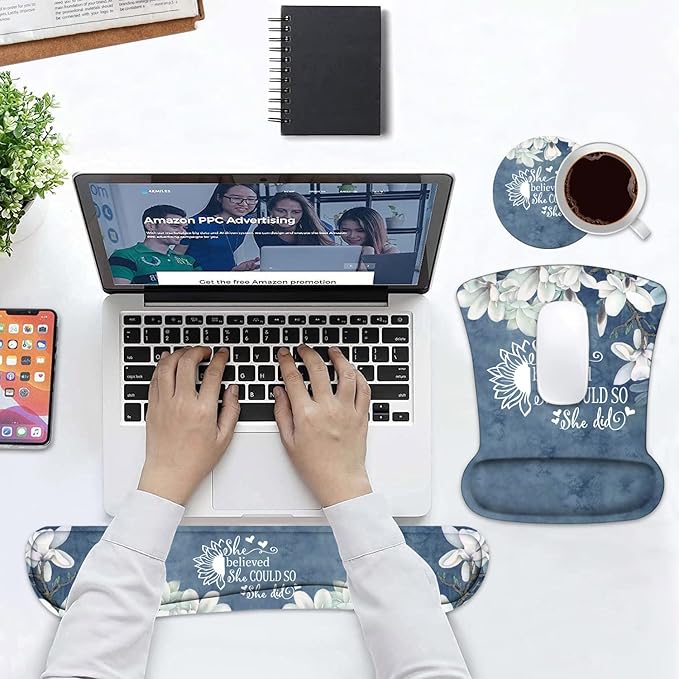 Keyboard Wrist Rest and Mouse Pad Wrist Support Set with Coasters, She Believed She Could So She Did Inspirational Quote Wrist Mouse Pad with Non-Slip PU Base for Home Office Working Studying