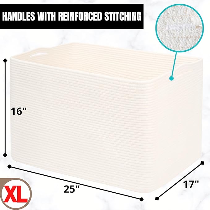 MINTWOOD Design 112L Extra Large Blanket Basket Holder Living Room, 25"x17"x16" Rectangle Rope Woven Storage Basket with Handles for Laundry, Towels, Shoes, Dog Toy Organizer Bin Box, Creamy White