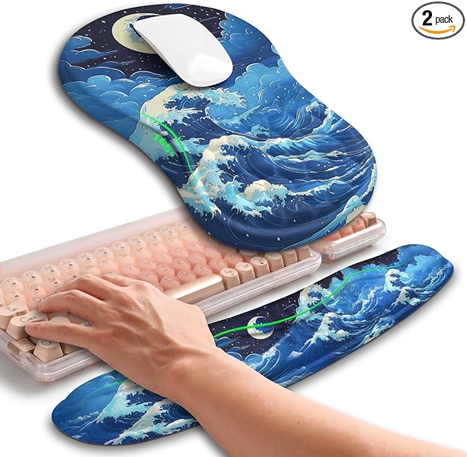 Hokafenle 2in1 Combination, Wave Keyboard Wrist Rest and Ergonomic Curvature Mouse Pad Wrist Support for Relieve Wrist Pain, Filled with Soft Cushion Memory Foam, Crescent Waves