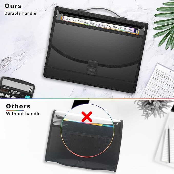 Accordion File Organizer with Handle,13 Pockets Expanding File Folder for Paper/Document/Bill,Portable Filing Box,Visible Window,Quick Search,Expandable Bottom,Large Capacity,A4/Letter Size