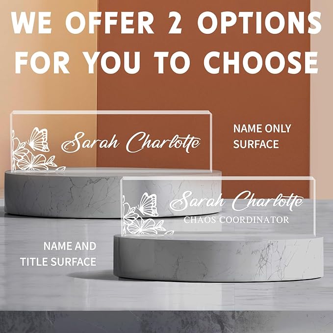 Custom Name Plate for Desk, Personalized Desk Name Plate on Clear Acrylic Glass, Appreciation Gifts for Teacher Employee Boss Coworkers Nurse, Office Desk Accessories for Women Men (Engraved Garden)