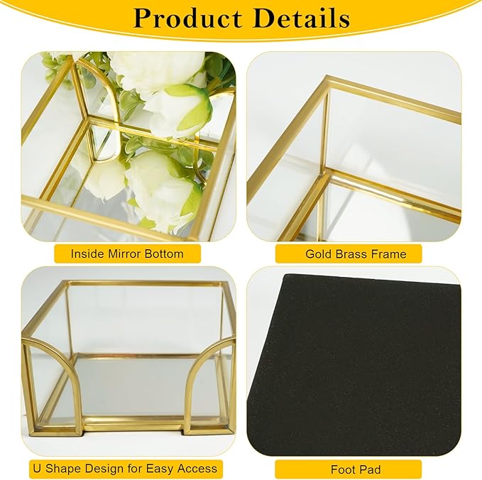 Glass Sticky Note Holder, Gold Post It Note Dispenser for Desk,3 x 3 Inch Post It Note Holder,Stylish Sticky Note Dispenser for Home Office Desk