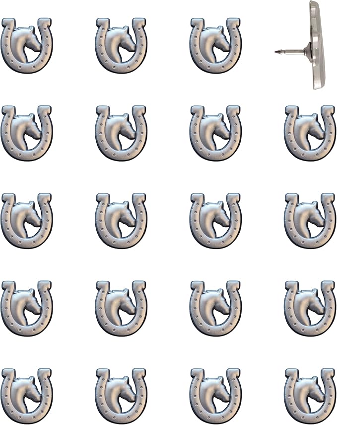 Horse and Horseshoe Pins - Silver Horse Map Pins for Cork Boards, Maps, or Lapel Use - Designed in USA - Set of 20