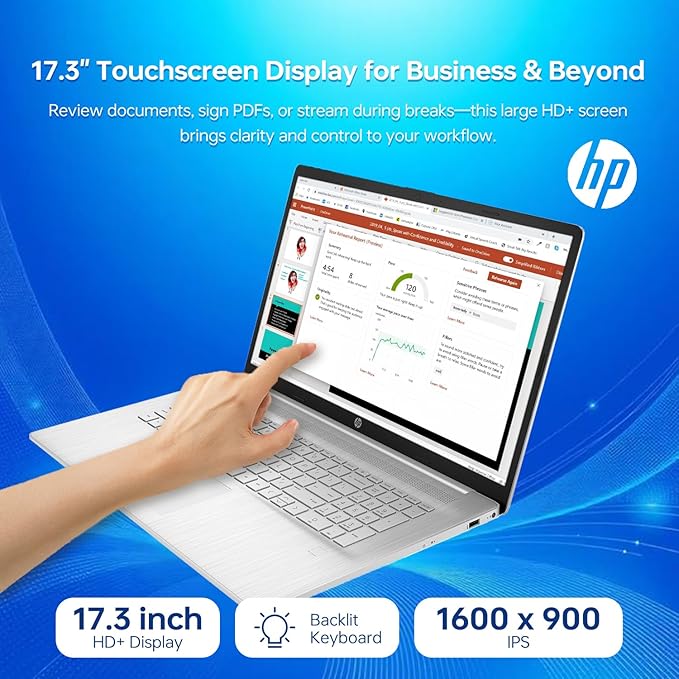 HP 17 Laptop, 17.3" HD+ Touchscreen, Intel Core i7-1255U Processor, 64GB RAM, 1TB SSD, Webcam, HDMI, Wi-Fi, Windows 11 Home, Silver