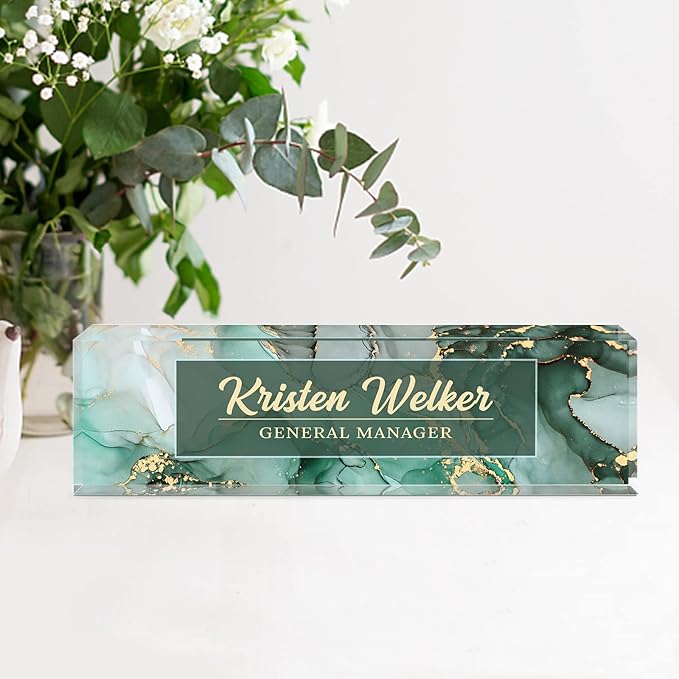Custom Name Plate for Desk, Desk Name Plate Personalized, Office Decor for Women Men, Acrylic Desktop Accessories, Office Gifts for Coworkers Boss Teacher, Employee Appreciation Gifts (Green/Gold)