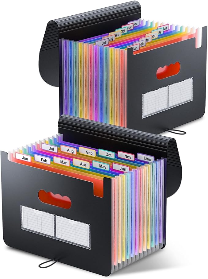 ThinkTex Accordion File Organizer, 12 Pockets Monthly Bill Receipt Organizer, Portable Expanding File Folders, Multi-Color Tabs, Letter/A4 Size - 2 Packs