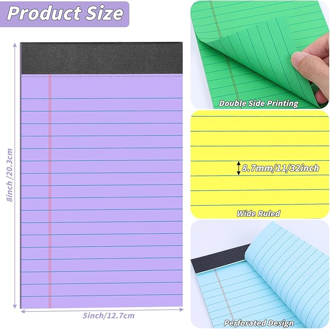 Oleitodh 36 Pack Legal Pads Bulk 12 Colors, Narrow Ruled Notepad 5x8, Multicolor Small Notepads 30 Sheet/notepad, Colored Mini Writing Pads with Sturdy Backboard, Perforated Lined Note Pads for Study
