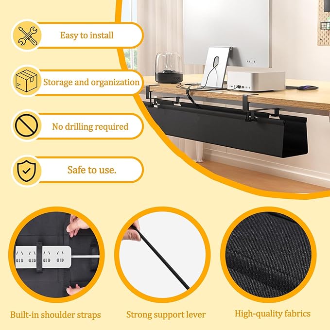 No Drill Under-Desk Cable Management Tray, Desktop Cable Organizer, Fabric Storage Tray, Two Installation Methods, Suitable for Office/Home Use. (13 * 35in)