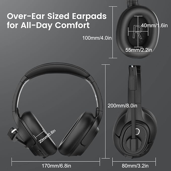 EKSA Bluetooth Headsets with Microphone & USB Dongle, 30 Hours Talk Time & 33ft Range, AI Environmental Noise Cancelling Mic, Over-Ear Wireless Headphone for PC/Laptop/Computer/Home/Work/Office/Zoom