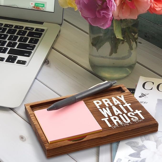 Pray Wait Trust Sticky Note Holder, God Has a Plan Christian Desk Gift, Inspirational Religious Office Decor for Women, Men, Coworkers, Wooden Bible Verse Note Pad Holder ZSS79