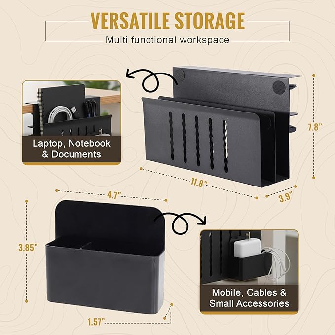 Desk Side Storage, Steel Side Desk Organizer, Clamp on Laptop Mount with Magnetic Pen Holder, No Drill Under Desk Laptop Holder, Table Hanging Storage for Home & Office Organization – Black