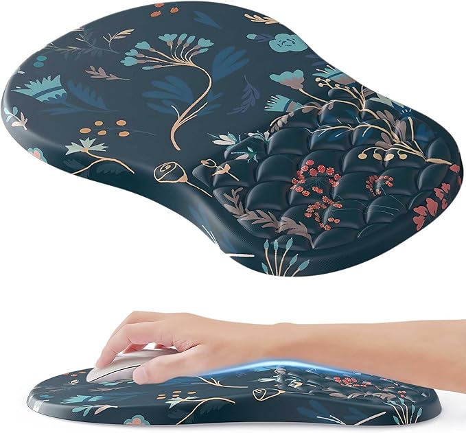 HunDun Ergonomic Mouse Pad Wrist Support, Wrist Rest Mousepad for Carpal Tunnel Pain Relief with Integrated Memory Foam Slope Massage Bulge， Mousepads for Wireless Mouse & Desk（Green Flower）