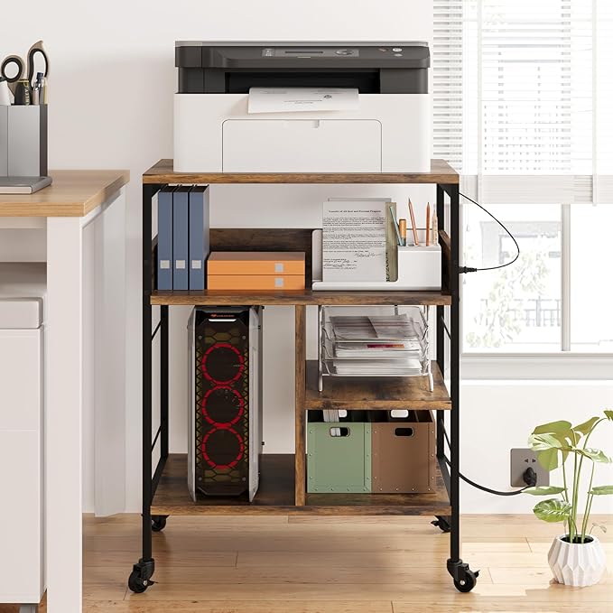 GarveeLife Printer Stand with Power Outlets, 4-Tier Rolling Printer Table with Lockable Wheels, Heavy Duty Printer Cart with Storage, Utility Storage Cart for Home, Office, Brown
