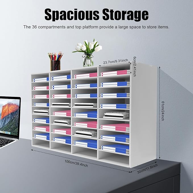 36 Slots Literature Organizer, Desktop Paper & Mail File Sorter for Classroom/Office/Home, PVC File Storage Cabinet with Adjustable Compartments, Multi-Purpose Mail Center (White-36 Compartments)