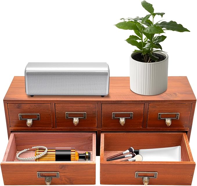 6-Drawer Wooden Desk Organizer, Vintage Desktop Organizer Cabinet Desk Drawer Organizer Storage Box for Office Home, No Assembly Required