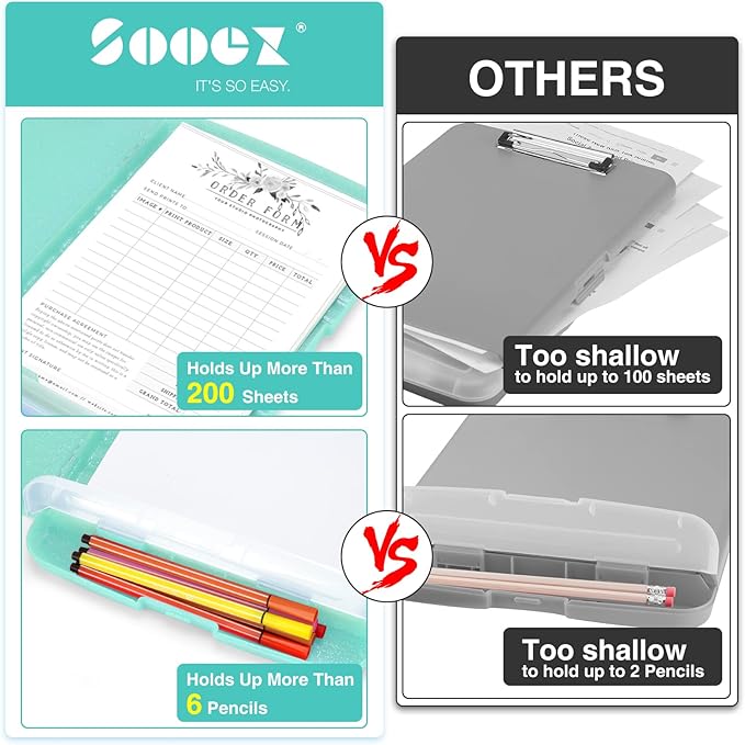 Sooez Glitter Clipboard with Storage, High Capacity Clip Boards 8.5x11 with Pen Holder, Cute Clipboards with Low Profile Clip, Sparkle Plastic Organizer Case Box for Women & Kids, Side Opening