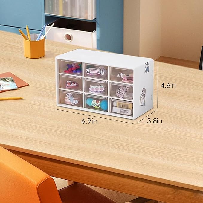 6 Pcs Small Drawer Organizer for Desk Mini Desktop Drawers 6.9" x 3. 8" x 4.6" Plastic Desktop Storage Box with 9 Clear Drawers for DIY Art Classroom Office Supplies, Dust-proof (White)