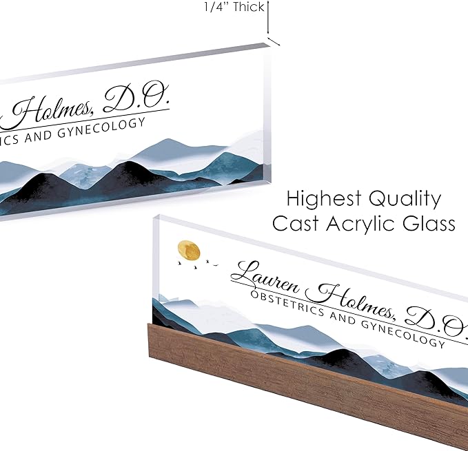 ARTBLOX | Office Personalized Name Plate Mountains Design On Clear Acrylic Glass for Desk with Business Card Holder