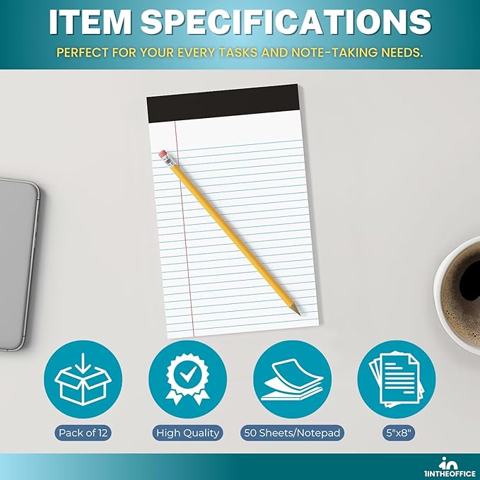 1InTheOffice Jr Legal Pads,Small Legal Notepads, 5" x 8", Narrow Ruled Note Pad, White, 50 Sheets/Pad, 12 Pads/Pack