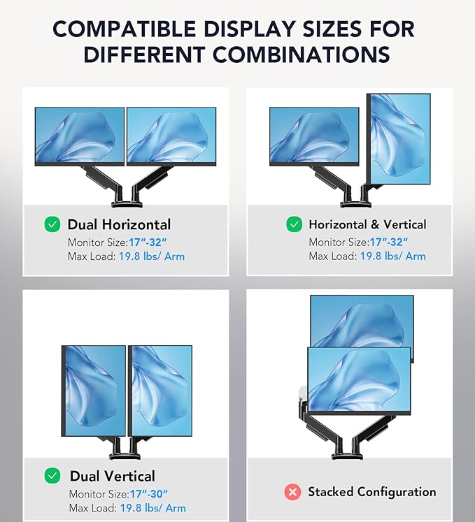 AX WABER Dual Monitor Stand, Adjustable Monitor Desk Mount for 17″–32″ Computer Screens, Full Motion VESA 75x75/100x100 with C-Clamp & Grommet Aluminum Base, Each Arm Holds 4.4 to 20 lbs AX09DB201