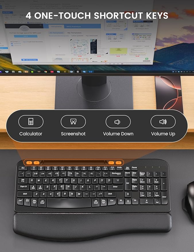 Wireless Keyboard and Mouse Combo, Ergonomic Wave Keys, Cushioned Palm Rest, Rechargeable, Phone Holder, Natural Typing, 2.4G Lag-Free, Full Size Keyboards Cordless Set for Windows/Mac -SABLUTE