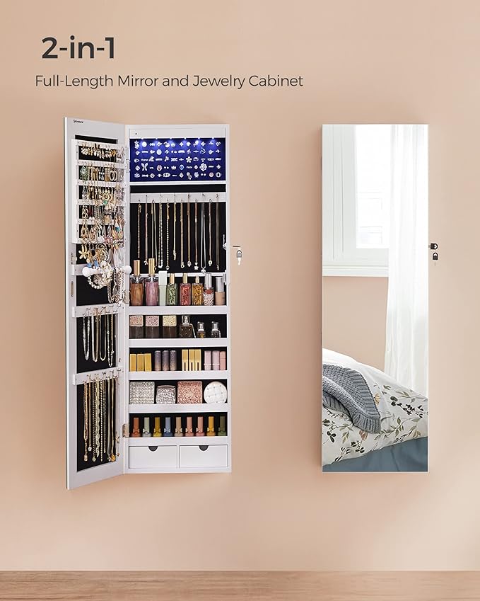 SONGMICS Hanging Jewelry Cabinet, Wall-Mounted Cabinet with LED Interior Lights, Door-Mounted Jewelry Organizer, Full-Length Mirror, Gift Idea, White UJJC99WT