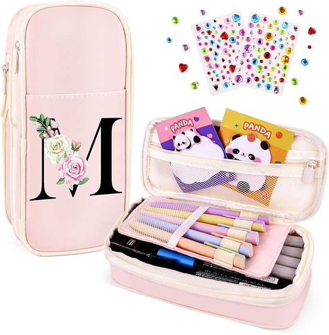 Preppy Pencil Case for Girls, Cute Large Pencil Pouch, Personalized Initial Pencil Bag with Zipper for School College Office Supplies, Back to School Supplies Gifts for Teen Girls (M, Pink)
