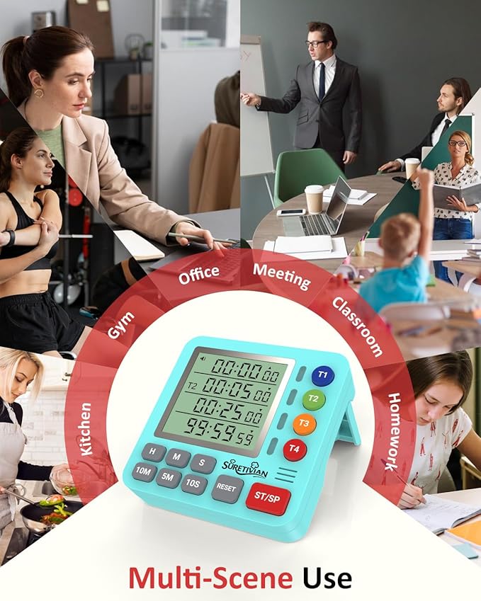 Digital Kitchen Timer for Cooking - 4 Channel Count Up Countdown Timer with Loud Alarm and Silent Mode, Large Display, Magnetic Back, Auto Memory for Classroom Study Gym, Battery Included (Mint Green)