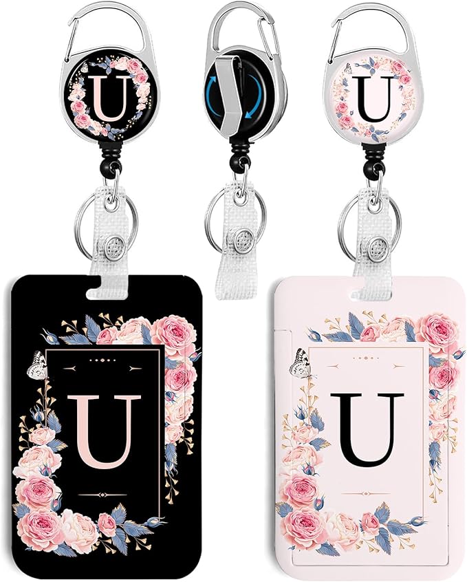 2 Pack A-Z Letter ID Badge Holder with Clip Badge Reels Retractable Heavy Duty,Keychain，ID Holder for School Nurse Office U