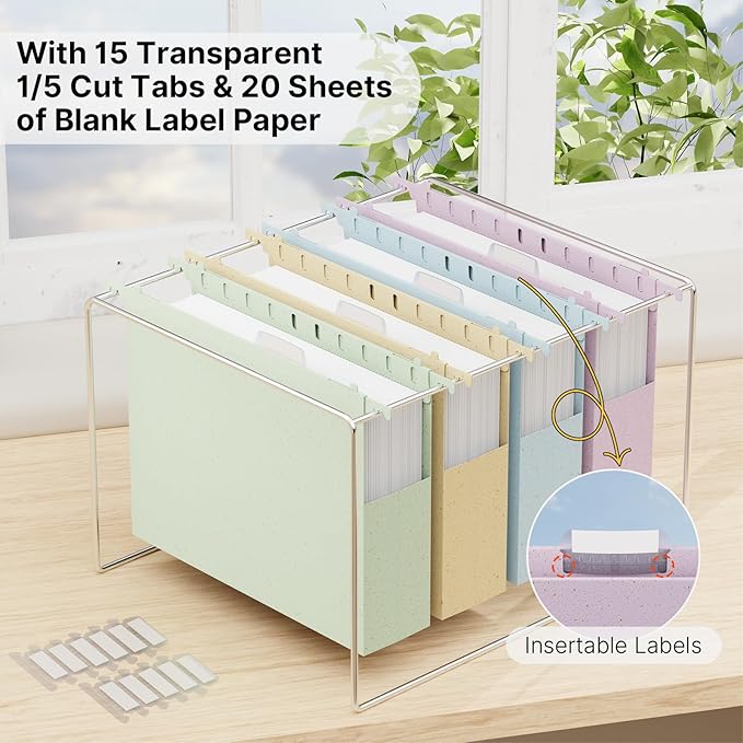 Wheat Straw Hanging File Folders Letter Size Extra Capacity,Heavy Duty 2'' Expandable File Cabinet Folders,12 Pack Pastel File Folders Hanging with Tabs,Hanging File Organizer for Office School